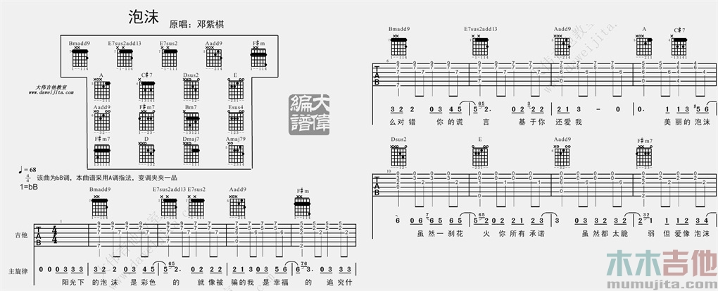 泡沫吉他谱,原版歌曲,简单A调弹唱教学,六线谱指弹简谱2张图