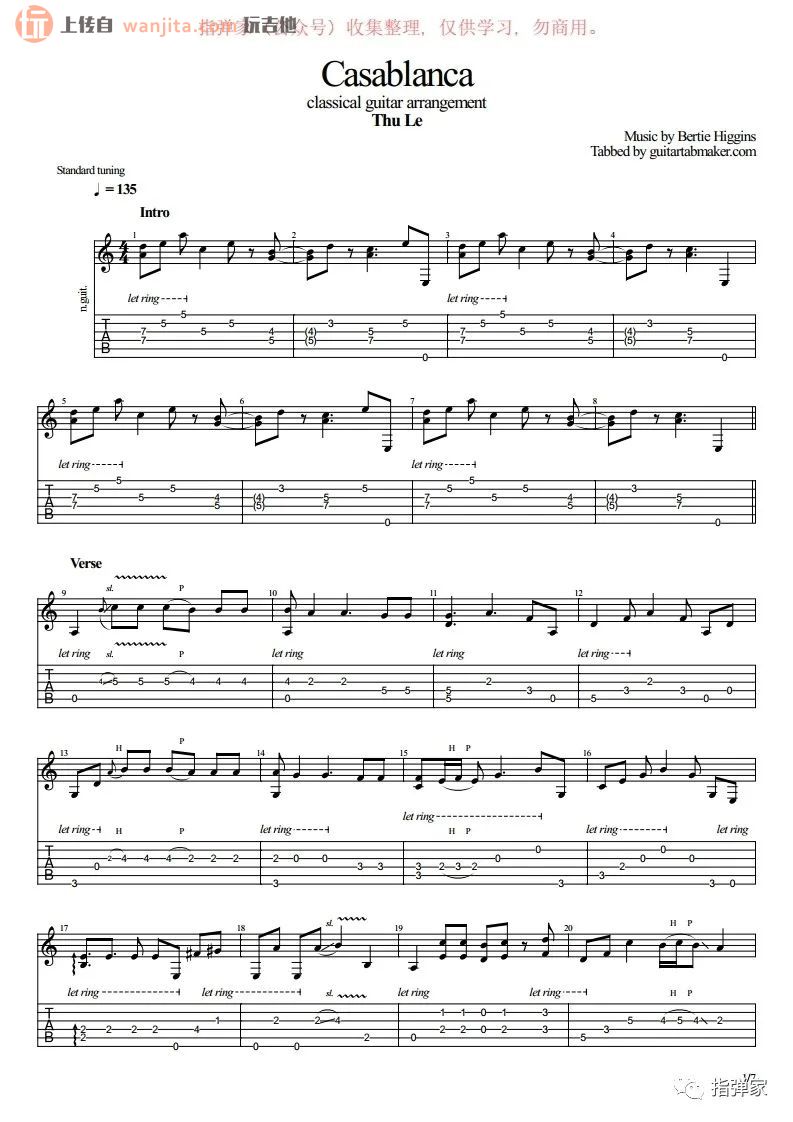 卡萨布兰卡指弹吉他谱,原版歌曲,简单未知调弹唱教学,六线谱指弹简谱2张图
