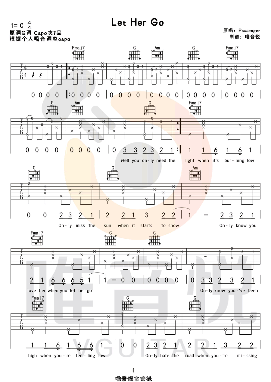 LetHerGo吉他谱,原版歌曲,简单C调弹唱教学,六线谱指弹简谱5张图