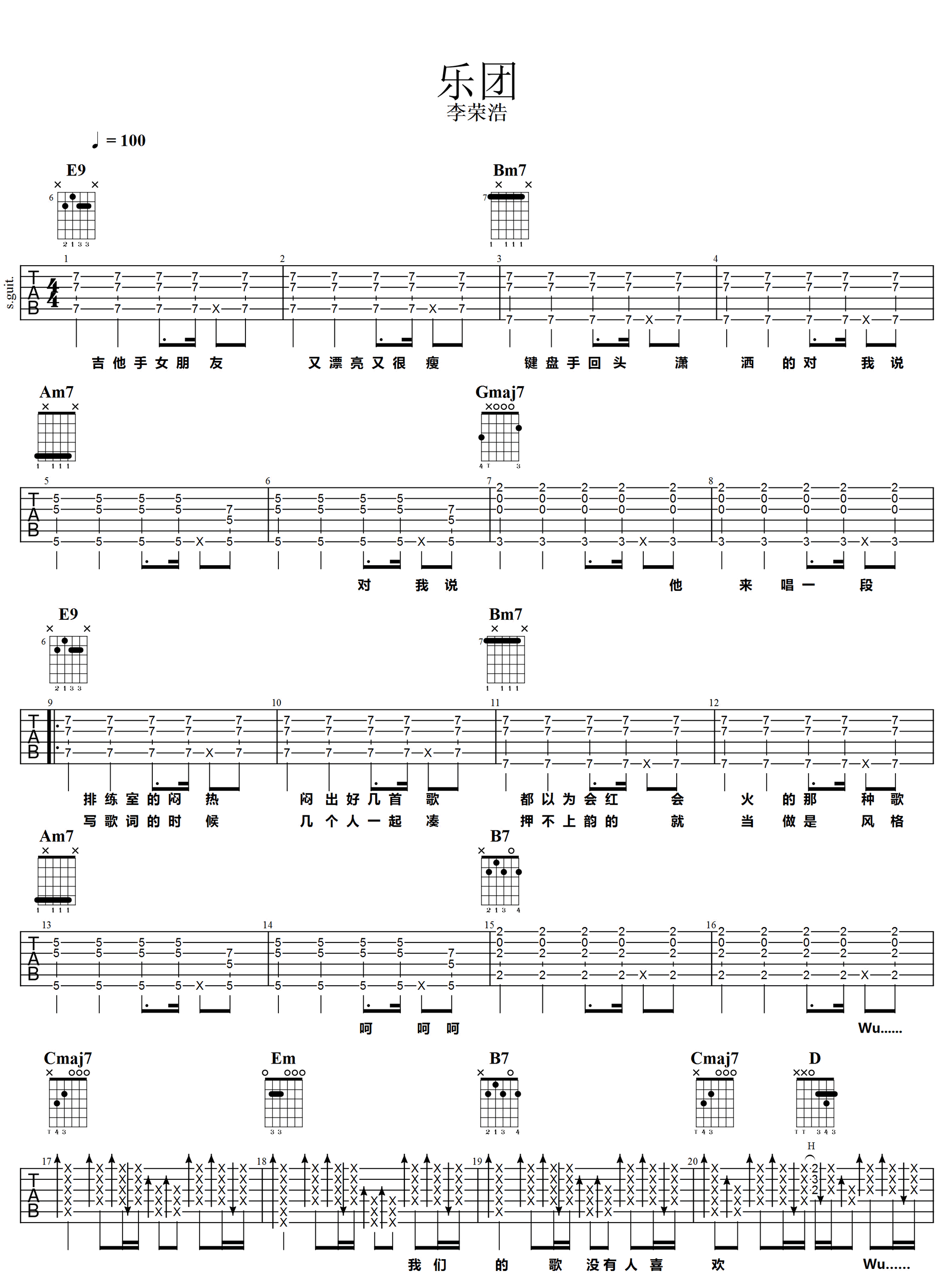 乐团吉他谱,原版歌曲,简单E调弹唱教学,六线谱指弹简谱2张图