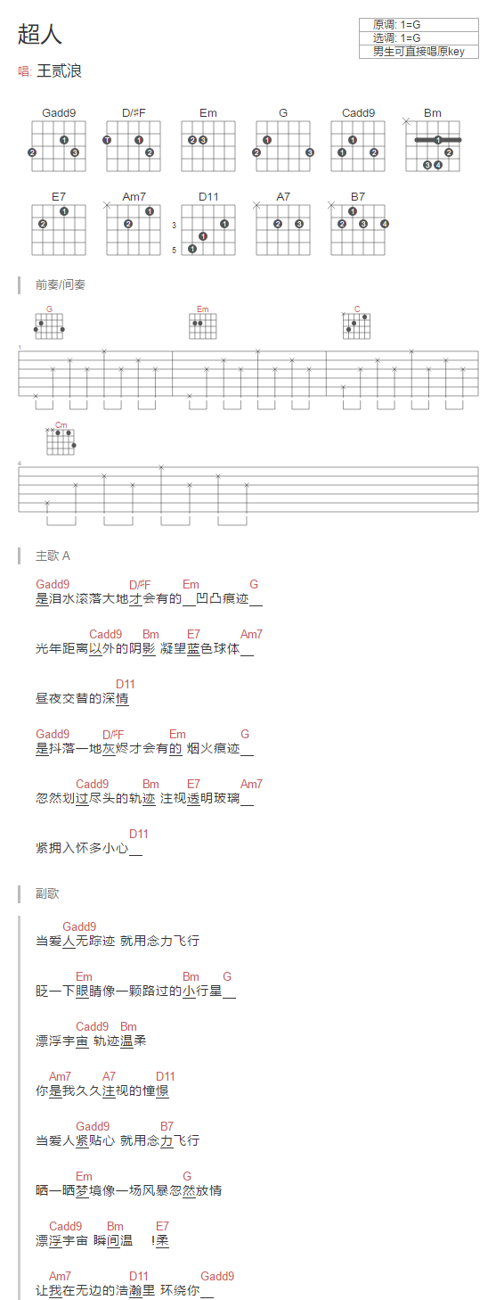 超人吉他谱,原版歌曲,简单G调弹唱教学,六线谱指弹简谱1张图