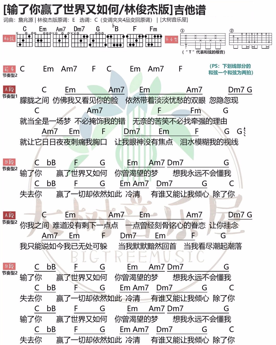 《输了你赢了世界又如何吉他谱》_林俊杰_C调 图一