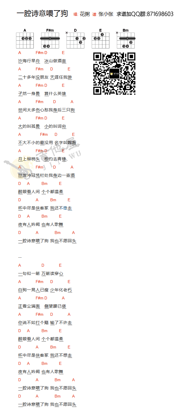 一腔诗意喂了狗吉他谱,原版歌曲,简单A调弹唱教学,六线谱指弹简谱1张图