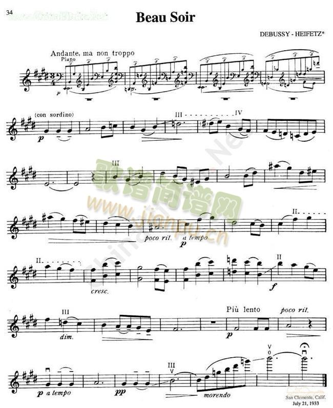 海菲茨-DEBUSSY《BeauSoir》简谱小提琴版,入门独奏曲谱完整版五线谱