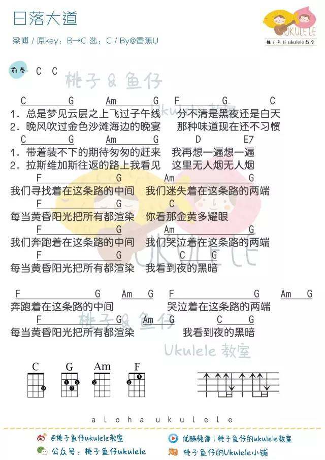 日落大道吉他谱,原版歌曲,简单C调弹唱教学,六线谱指弹简谱1张图