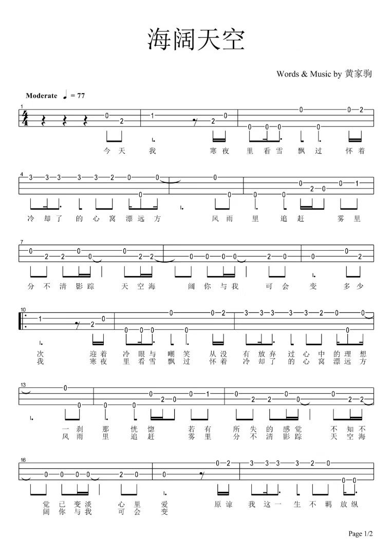 海阔天空吉他谱,原版歌曲,简单未知调弹唱教学,六线谱指弹简谱2张图