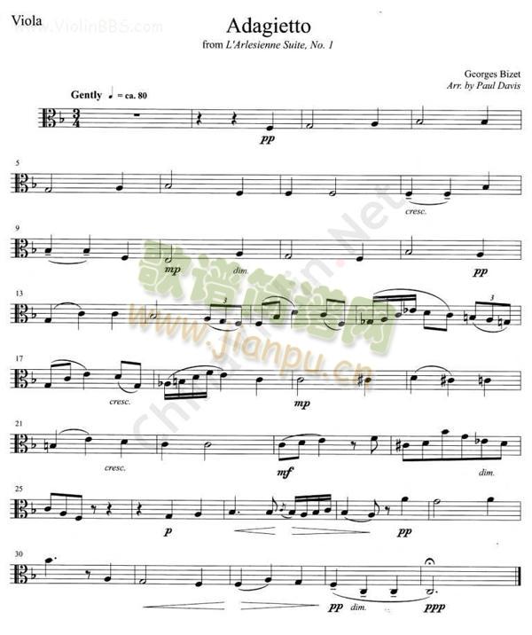 比捷《ADAGIETTO》FROML`ARLESIESIENNESUITE,No.1中提琴简谱小提琴版,初学者独奏曲谱图片五线谱