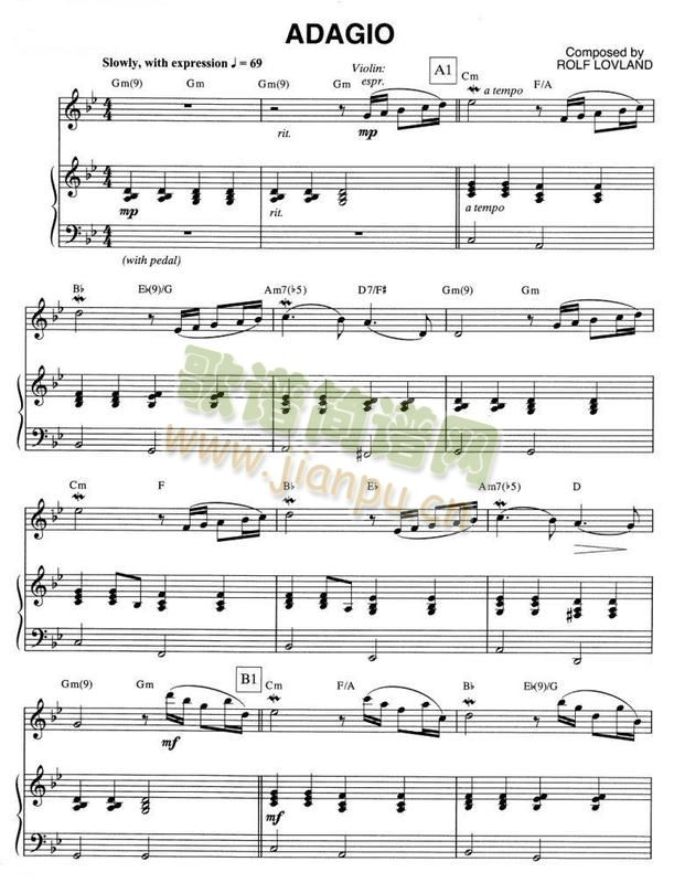 Adagio简谱小提琴版,新手独奏曲谱曲子五线谱