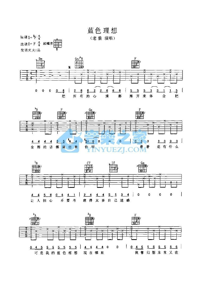 蓝色理想吉他谱,原版歌曲,简单F调弹唱教学,六线谱指弹简谱2张图