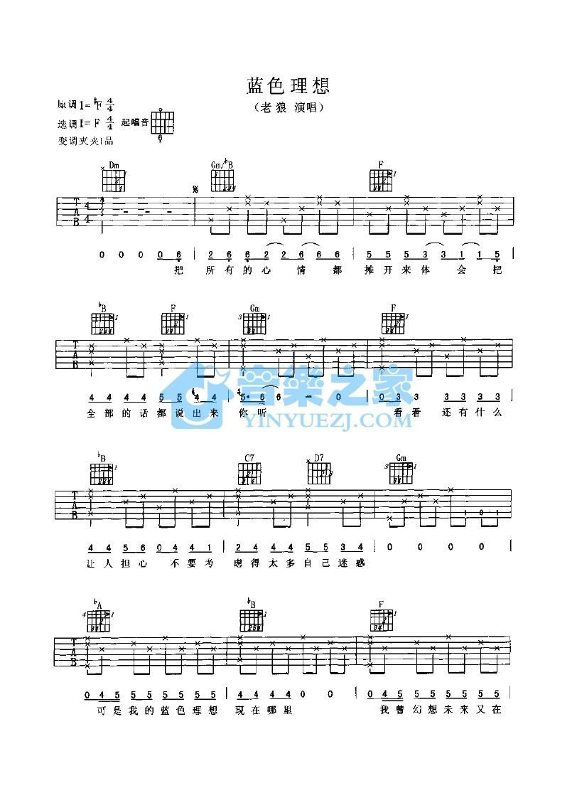 《蓝色理想吉他谱》_老狼_F调 图一