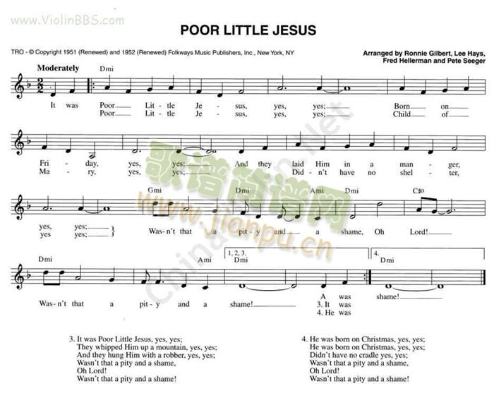 150.POORLITTLEJESUS简谱小提琴版,新手独奏曲谱完整版五线谱