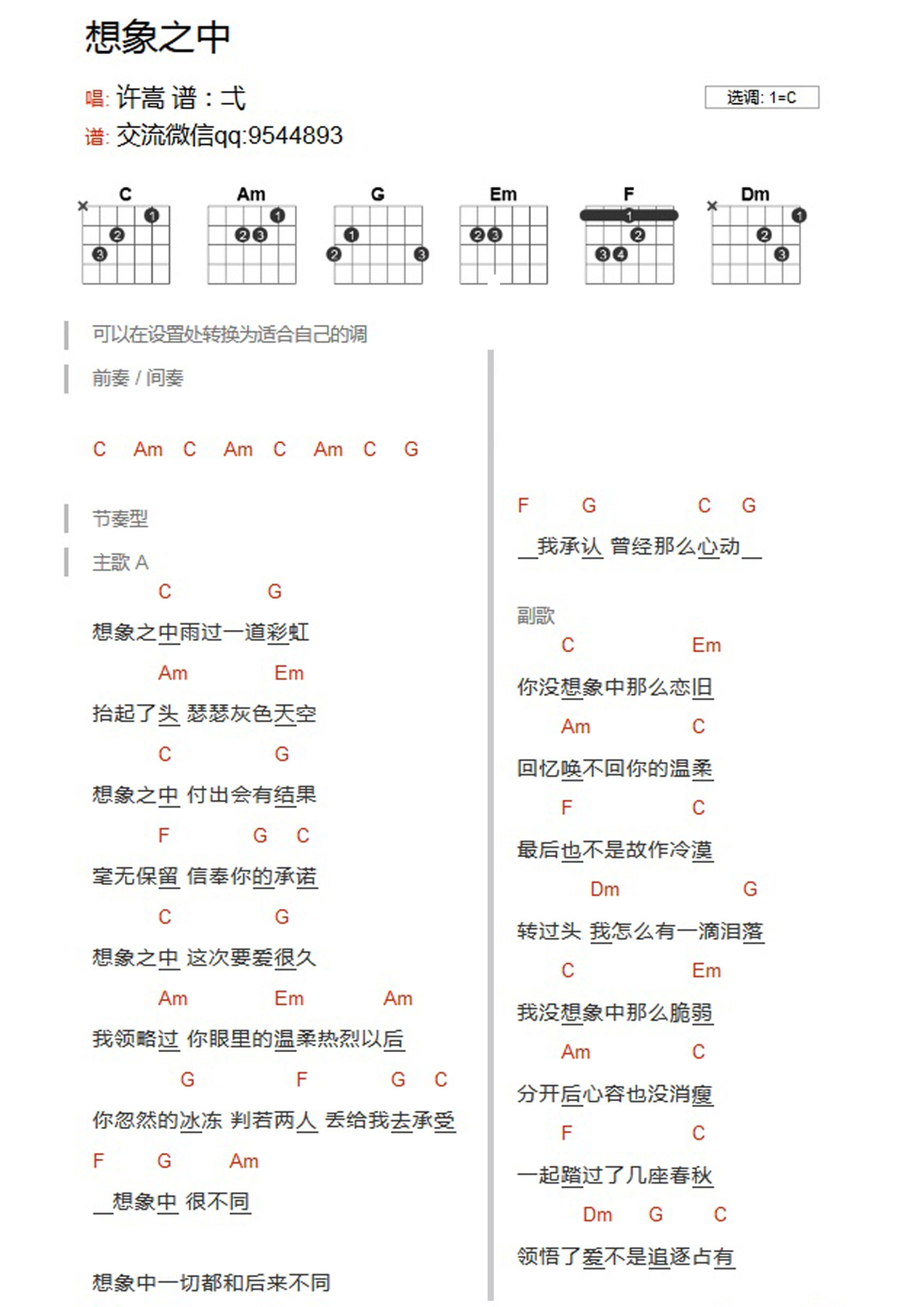 想象之中吉他谱,原版歌曲,简单C调弹唱教学,六线谱指弹简谱2张图