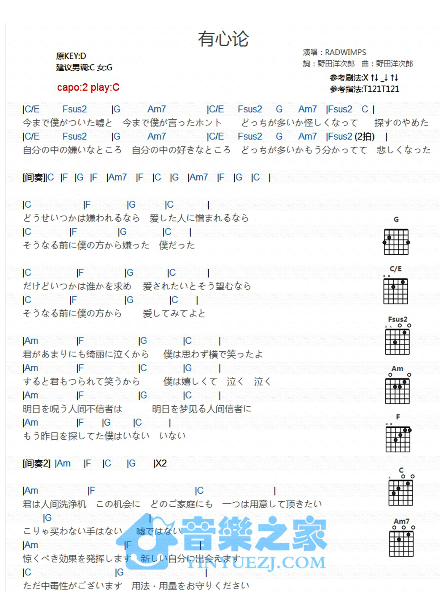有心论吉他谱,原版歌曲,简单C调弹唱教学,六线谱指弹简谱2张图