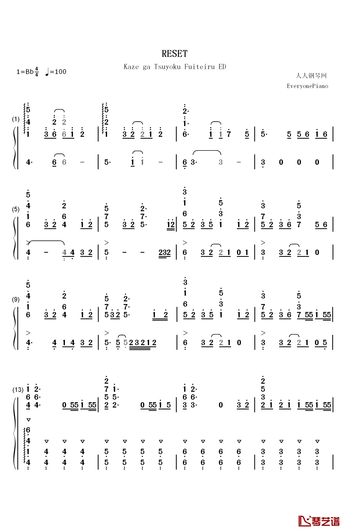 RESET吉他谱,原版歌曲,简单未知调弹唱教学,六线谱指弹简谱2张图