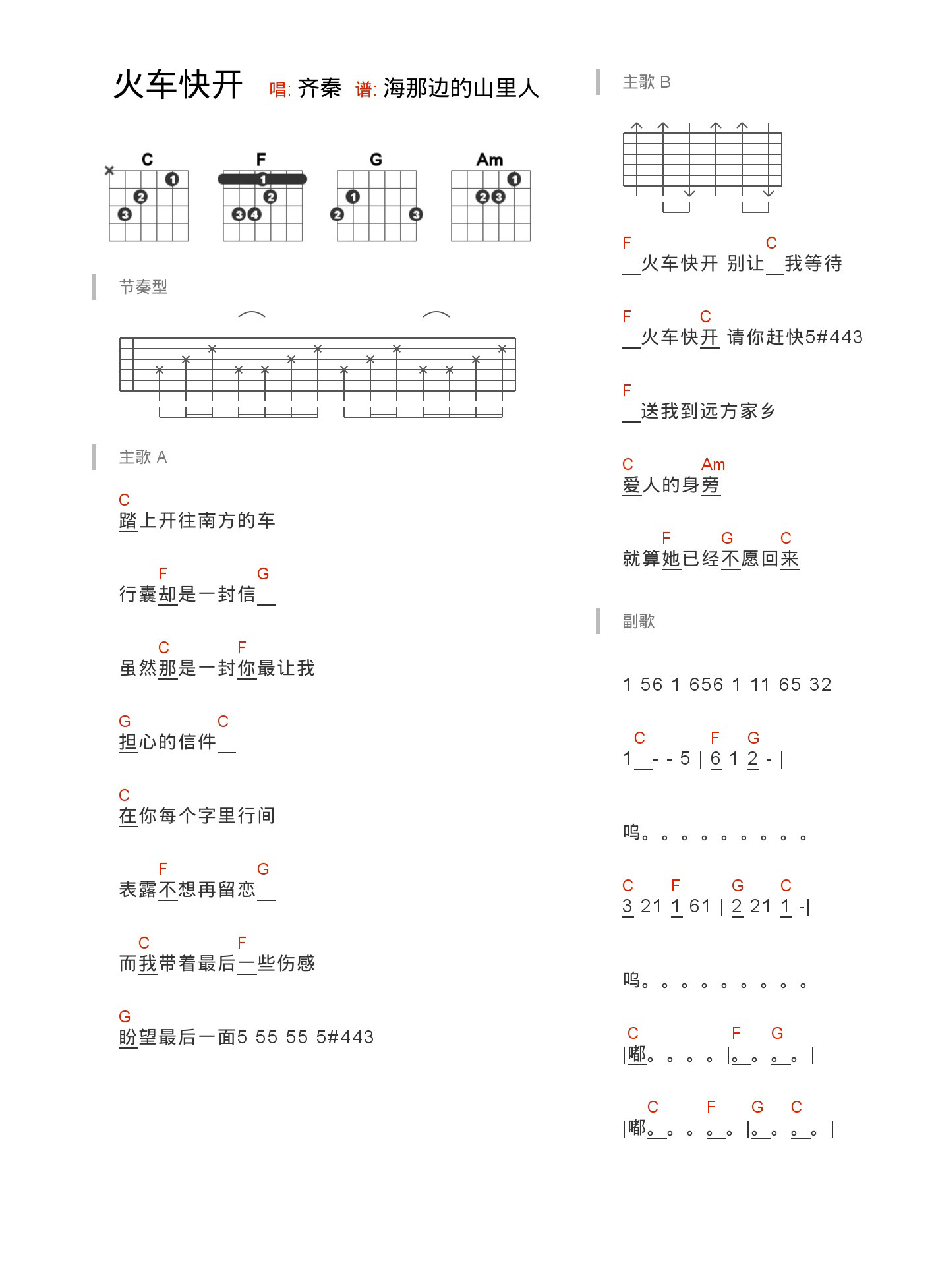 火车快开吉他谱,原版歌曲,简单未知调弹唱教学,六线谱指弹简谱1张图