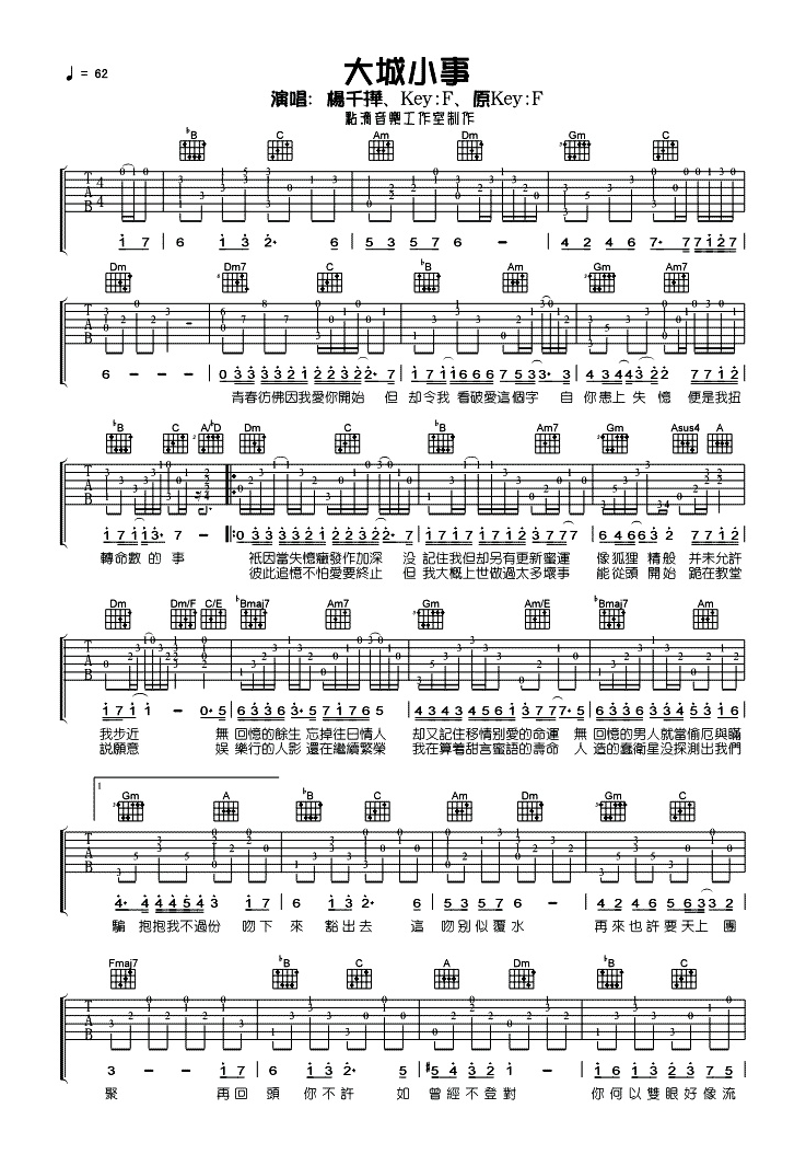 大城小事吉他谱,原版歌曲,简单F调弹唱教学,六线谱指弹简谱2张图