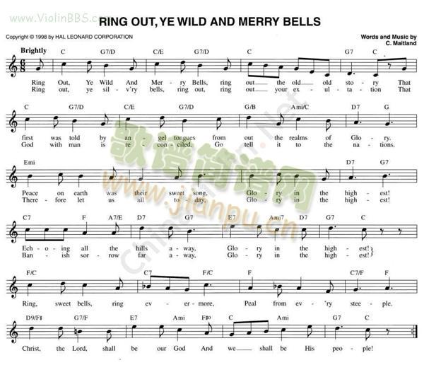 RING OUT`YE WILD AND MERRY BELLS简谱小提琴版,五线谱,新手独奏曲谱高清