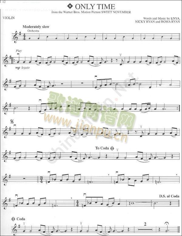 Only Time简谱小提琴版,五线谱,新手独奏曲谱高清