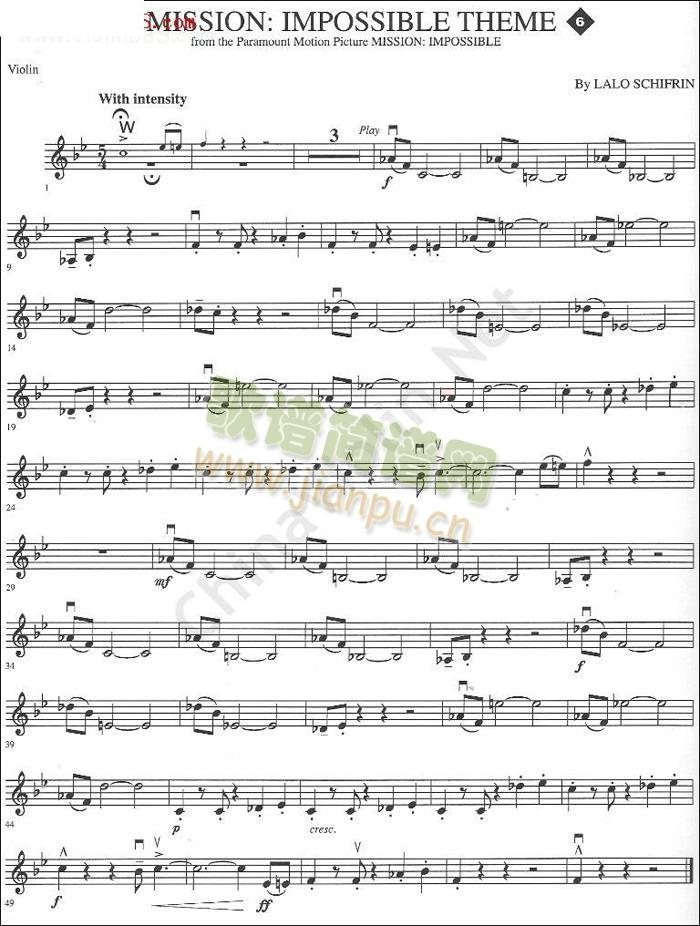 Mission Impossible Theme简谱小提琴版,五线谱,新手独奏曲谱完整版