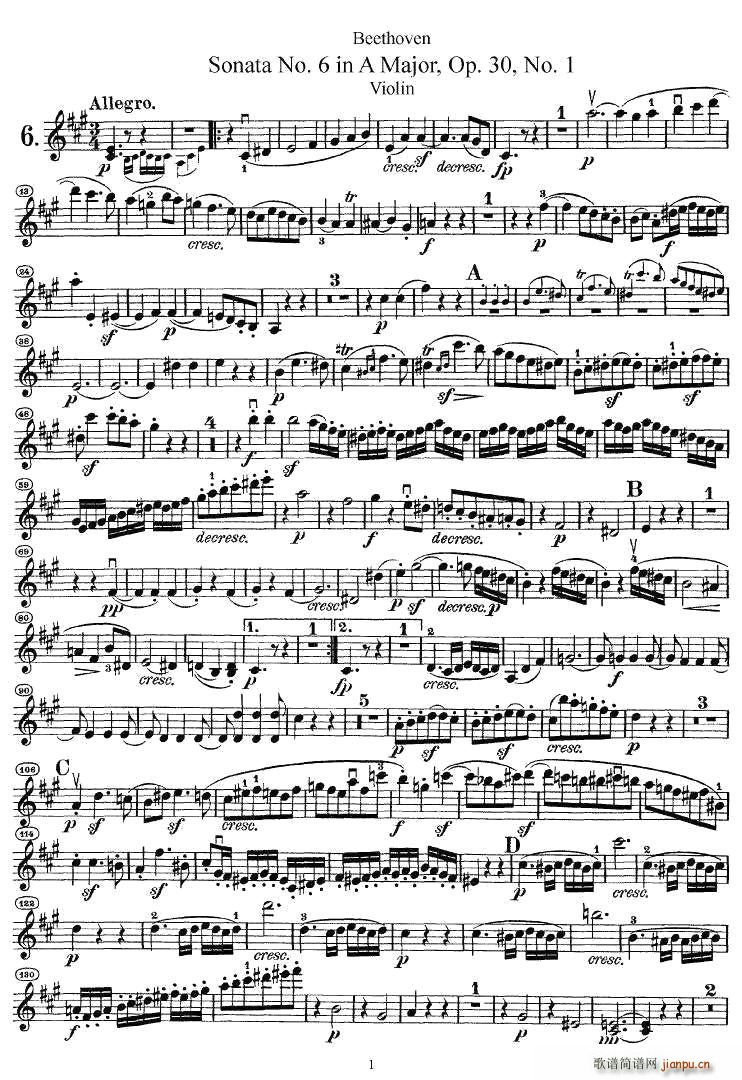 Sonata No.6 in A Major，Op.30，No.1（第六号小提琴奏鸣曲A大调op.）