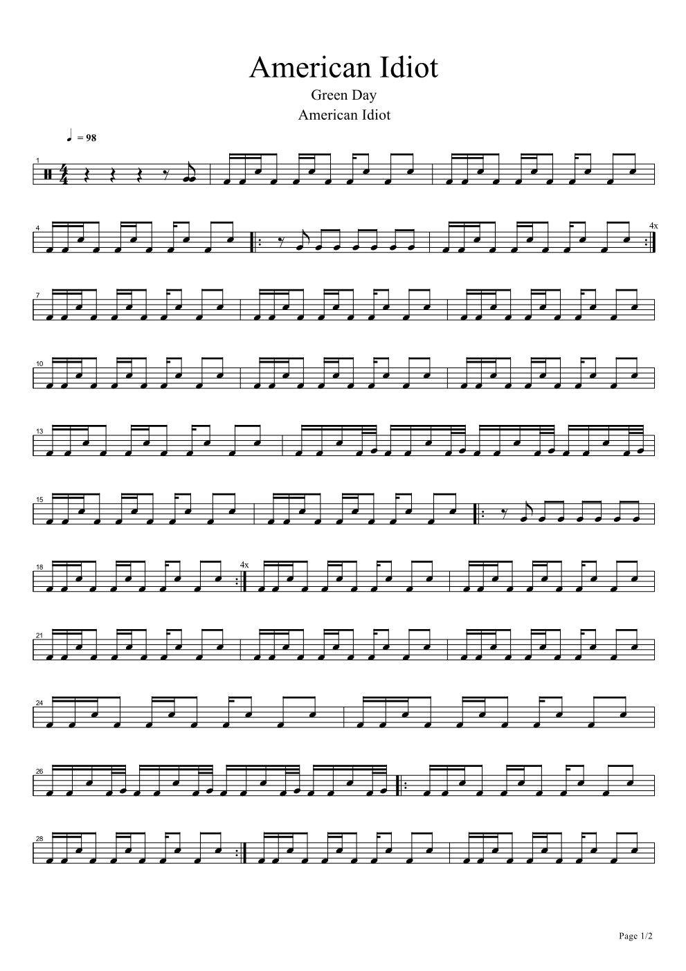 AmericanIdiot吉他谱,原版歌曲,简单未知调弹唱教学,六线谱指弹简谱2张图