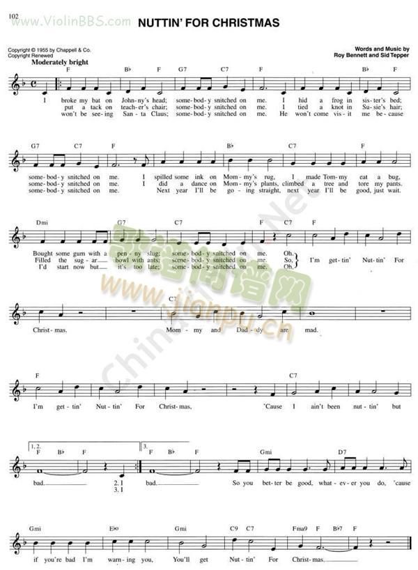 132.NUTTIN` FOR CHRISTMAS简谱小提琴版,五线谱,入门独奏曲谱曲子