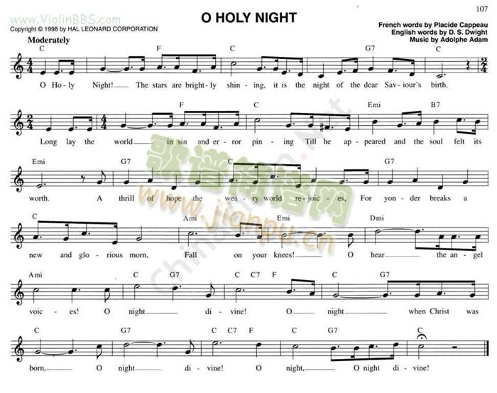 141.O HOLY NIGHT简谱小提琴版,五线谱,初学者独奏曲谱曲子