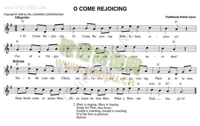 138.O COME REJOICING简谱小提琴版,五线谱,新手独奏曲谱完整版