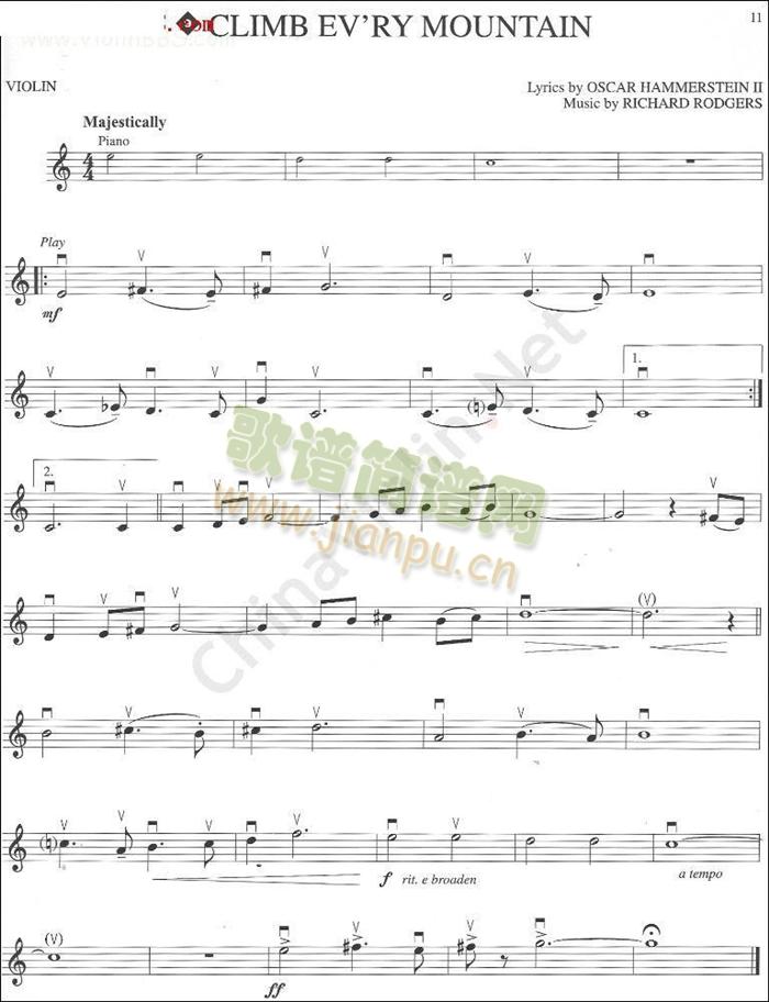 仙乐中的《CLIMB EV`RY MOUNTAIN》简谱小提琴版,五线谱,入门独奏曲谱高清