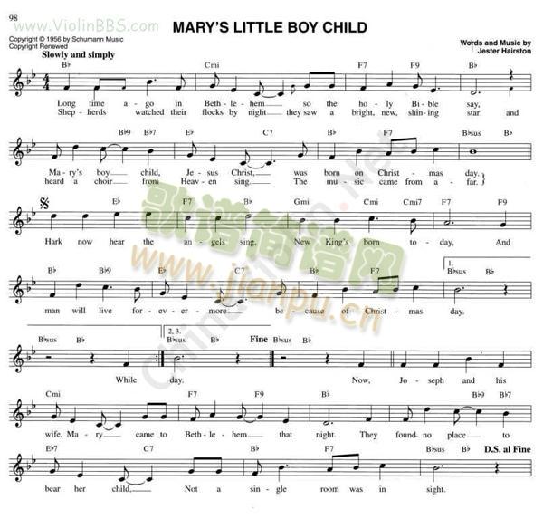125.MARY`S LITTLE BOY CHILD简谱小提琴版,五线谱,入门独奏曲谱图片