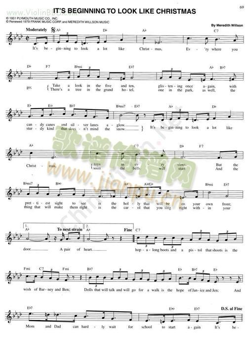 93.IT`S BEGINNING TO LOOK LIKE CHRISTMAS简谱小提琴版,五线谱,初学者独奏曲谱完整版