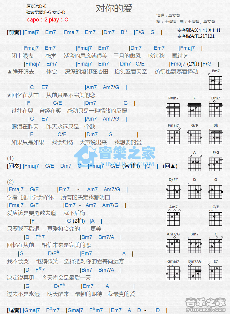《对你的爱吉他谱》_卓文萱_C调 图一
