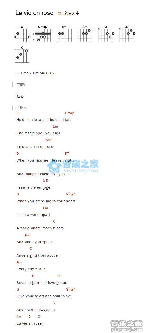 LaVieEnRose吉他谱,原版歌曲,简单G调弹唱教学,六线谱指弹简谱1张图