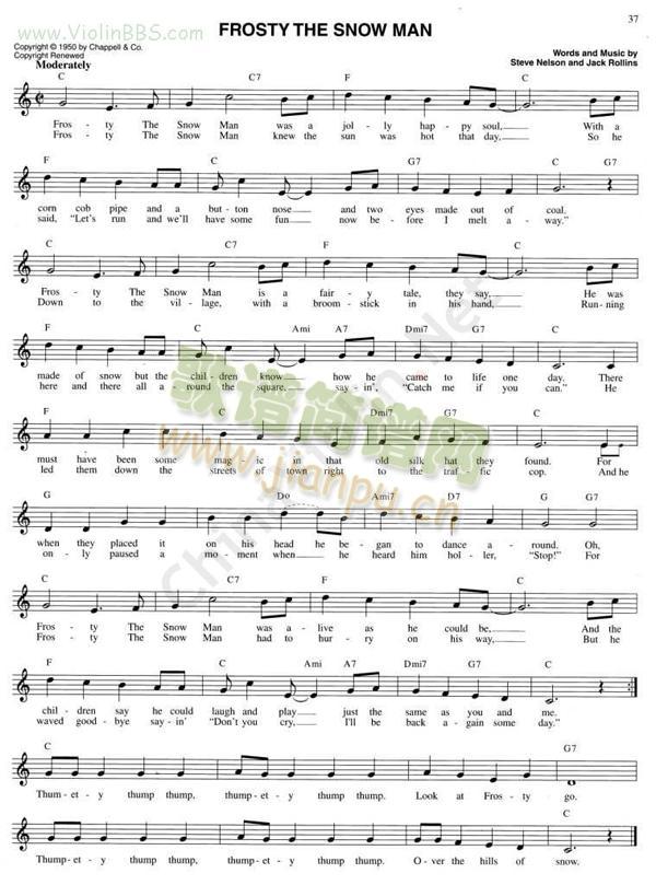 53.FROSTY THE SNOW MAN简谱小提琴版,五线谱,初学者独奏曲谱高清