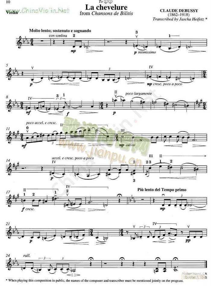 海菲茨-DEBUSSY《La chevelure》简谱小提琴版,五线谱,新手独奏曲谱图片