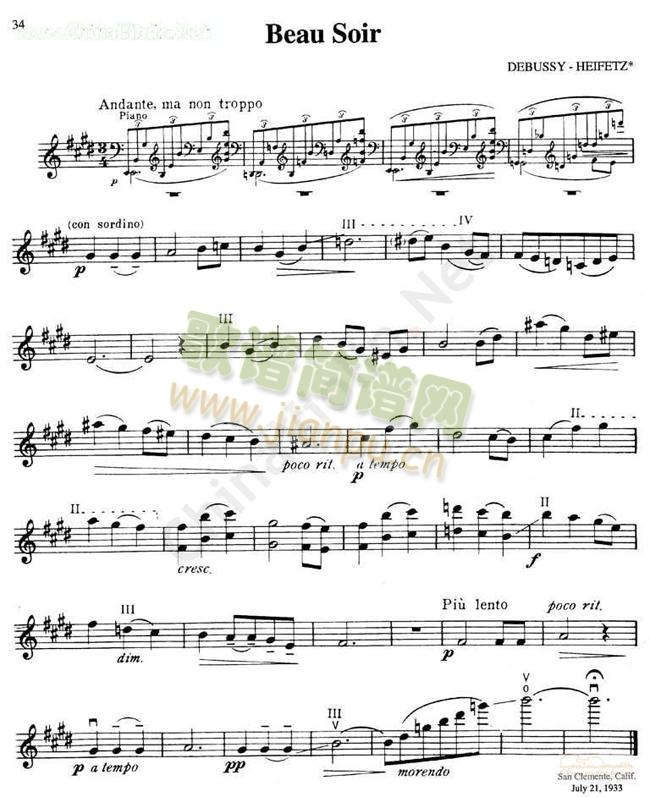 海菲茨-DEBUSSY《Beau Soir》简谱小提琴版,五线谱,入门独奏曲谱曲子