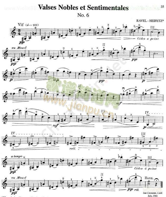 海菲茨-RAVEL《Valses Nobles et Sentimentales》No.6简谱小提琴版,五线谱,初学者独奏曲谱曲子