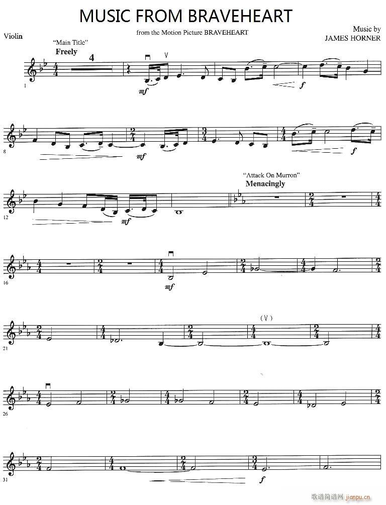 MUSIC FROM BRAVEHEART简谱小提琴版,五线谱,新手独奏曲谱完整版