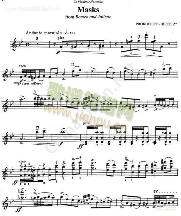 海菲茨-PROKOFIEFF《Masks》fromRomeoandJuliette简谱小提琴版,初学者独奏曲谱高清五线谱