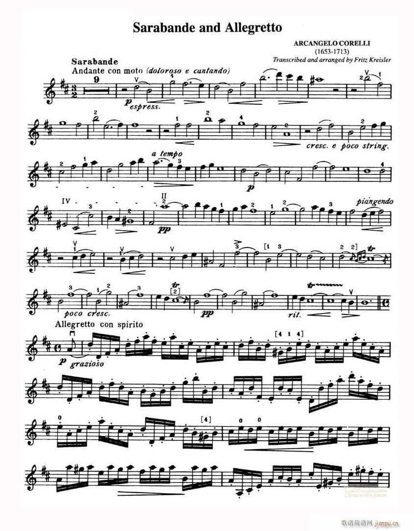 SarabandeandAllegretto简谱小提琴版,新手独奏曲谱曲子五线谱