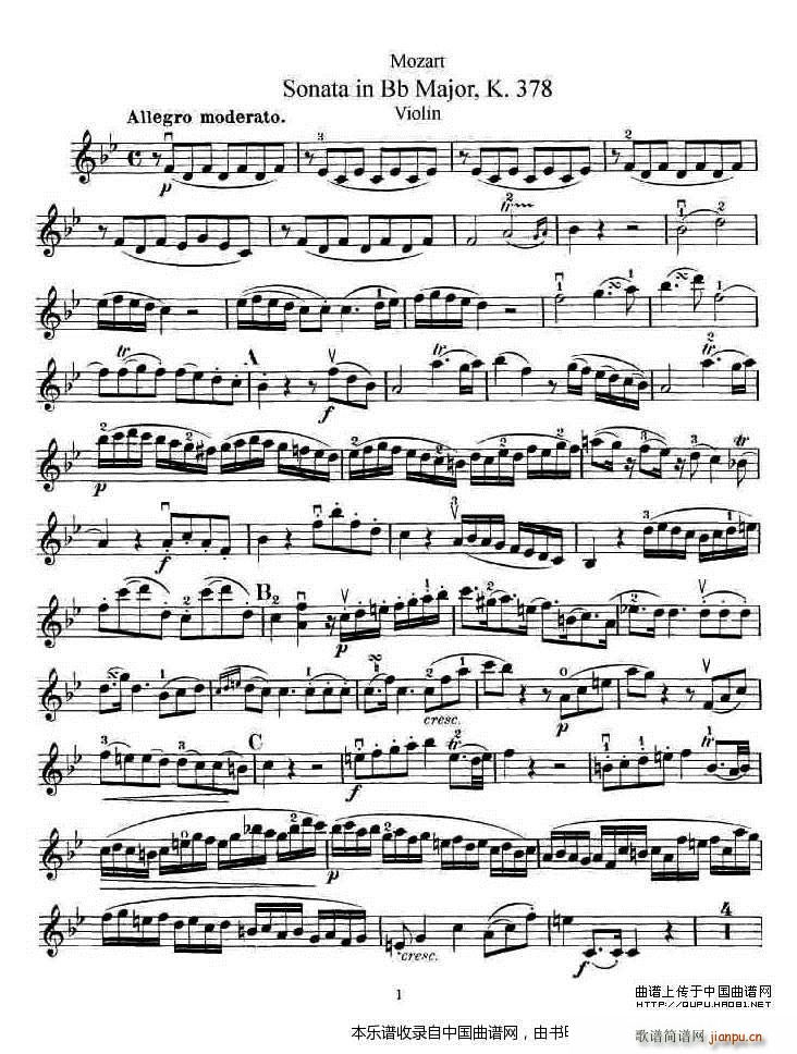 莫扎特小提琴奏鸣曲降B大调简谱小提琴版,五线谱,入门独奏曲谱图片