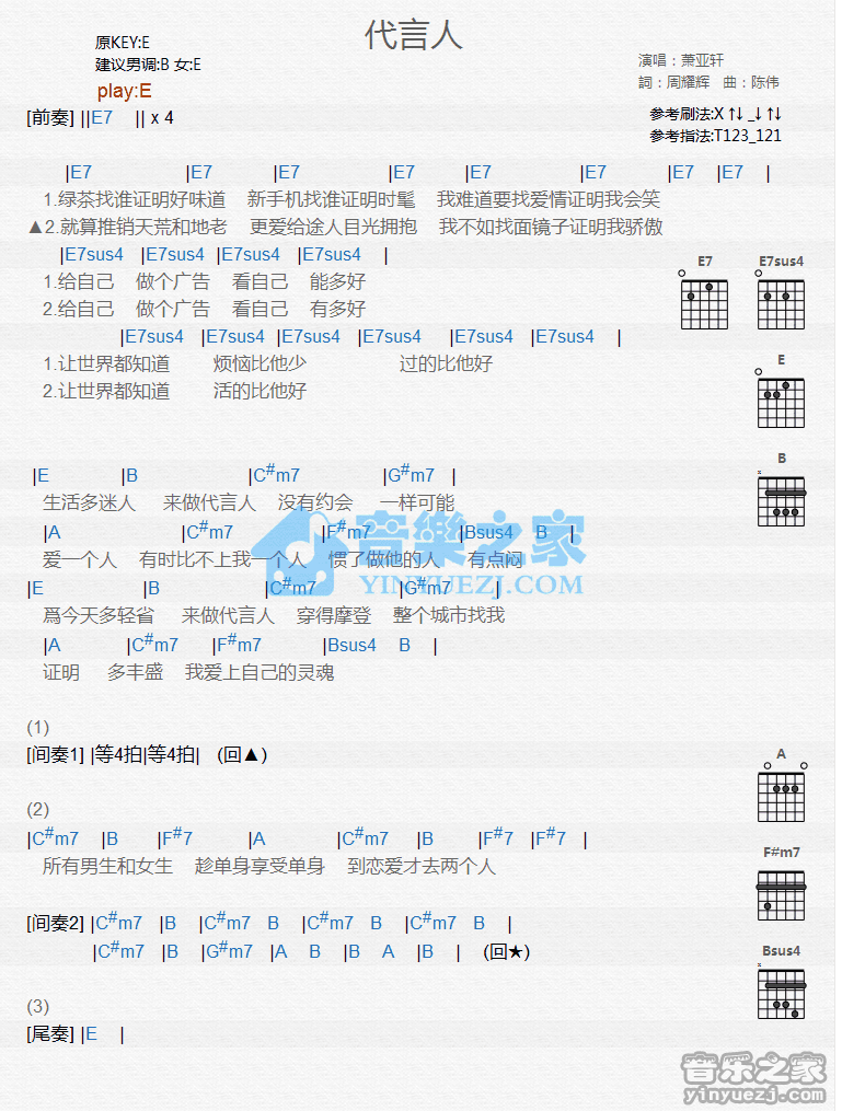 代言人吉他谱,原版歌曲,简单E调弹唱教学,六线谱指弹简谱1张图