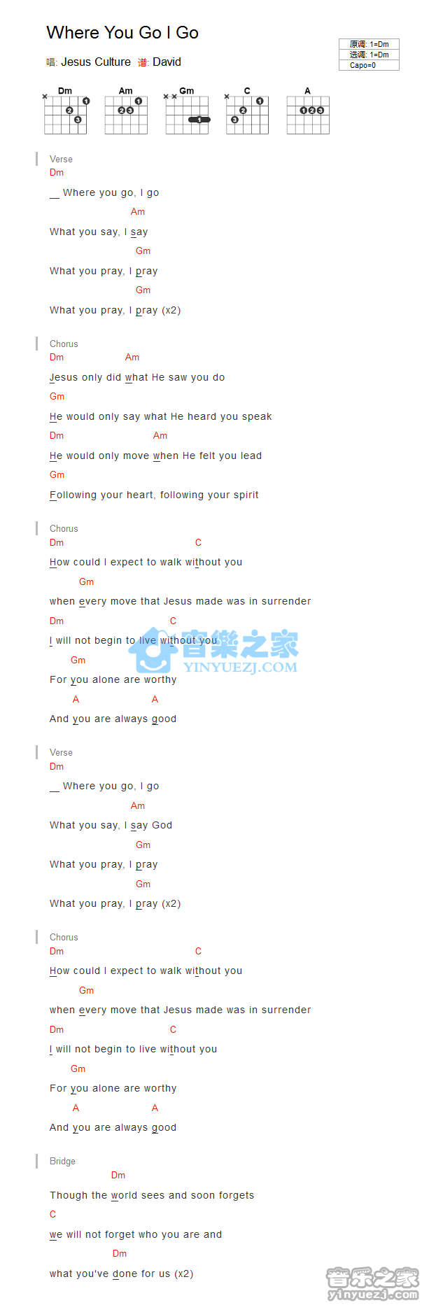 《Where You Go I Go吉他谱》_Jesus Culture_未知调 图一