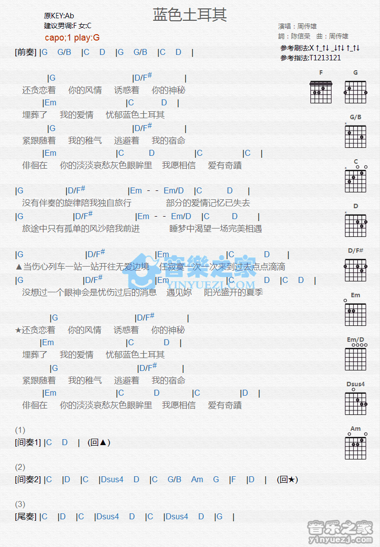 《蓝色土耳其吉他谱》_周传雄_G调 图一