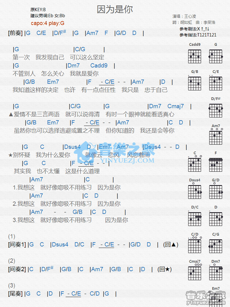 因为是你吉他谱,原版歌曲,简单G调弹唱教学,六线谱指弹简谱1张图