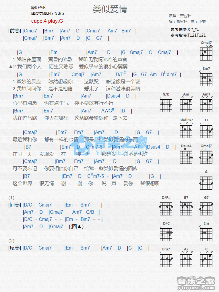类似爱情吉他谱,原版歌曲,简单G调弹唱教学,六线谱指弹简谱2张图