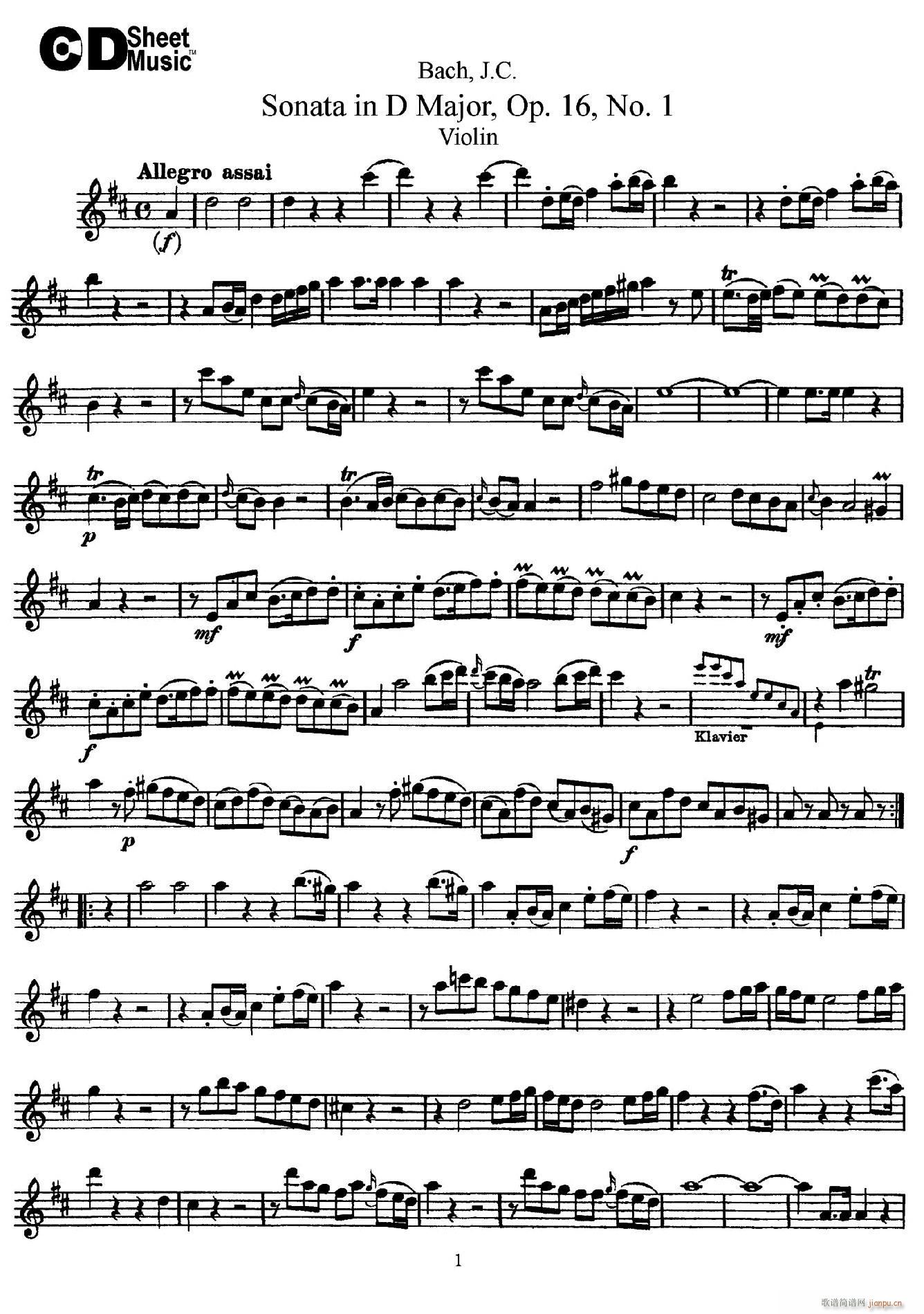 Sonata in D Major Op 16 No 1简谱小提琴版,五线谱,新手独奏曲谱完整版