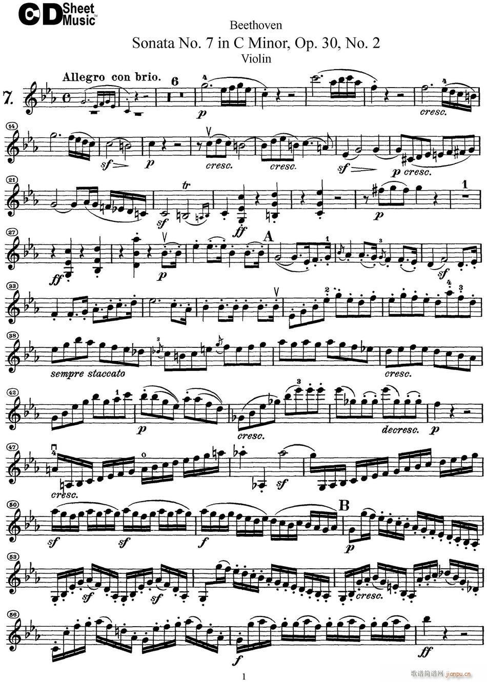Violin Sonata No 7 in C Minor Op 30 No 2简谱小提琴版,五线谱,新手独奏曲谱完整版