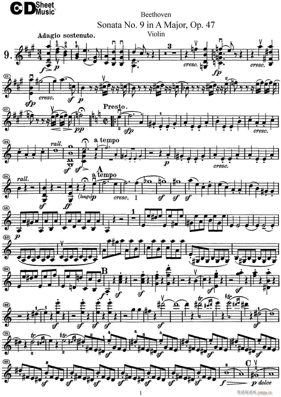 Violin Sonata No 9 in A Major Op 47简谱小提琴版,五线谱,新手独奏曲谱高清