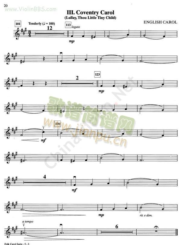 III.COVENTRYCAROL简谱小提琴版,入门独奏曲谱图片五线谱